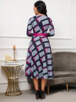 Rochie Midi Josefin Gri Cu Imprimeu Geometric Multicolor Si Curea - imagine 2