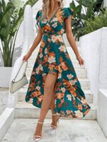 Rochie Lunga Muriel Verde Cu Model Floral Multicolor
