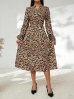 Rochie Midi Emiliana Crem Cu Model Leopard - imagine 3