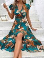 Rochie Lunga Muriel Verde Cu Model Floral Multicolor - imagine 3