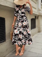 Rochie Lunga Dilara Neagra Inflorata Cu Cordon - imagine 3