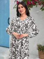 Rochie Lunga Alba Melek Cu Model Floral Negru - imagine 3