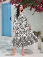 Rochie Lunga Alba Melek Cu Model Floral Negru - imagine 5