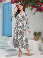 Rochie Lunga Alba Melek Cu Model Floral Negru