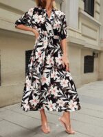 Rochie Lunga Dilara Neagra Inflorata Cu Cordon