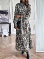Rochie Lunga Sarai Gri Cu Model Floral Negru - imagine 5