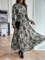 Rochie Lunga Sarai Gri Cu Model Floral Negru