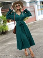 Rochie Lunga Elvira Verde Inchis Cu Cordon