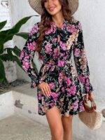 Rochie Scurta Odelia Neagra Cu Model Floral Roz - imagine 5