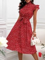Rochie Midi Taina Rosie Cu Inimioare Albe Si Cordon - imagine 3