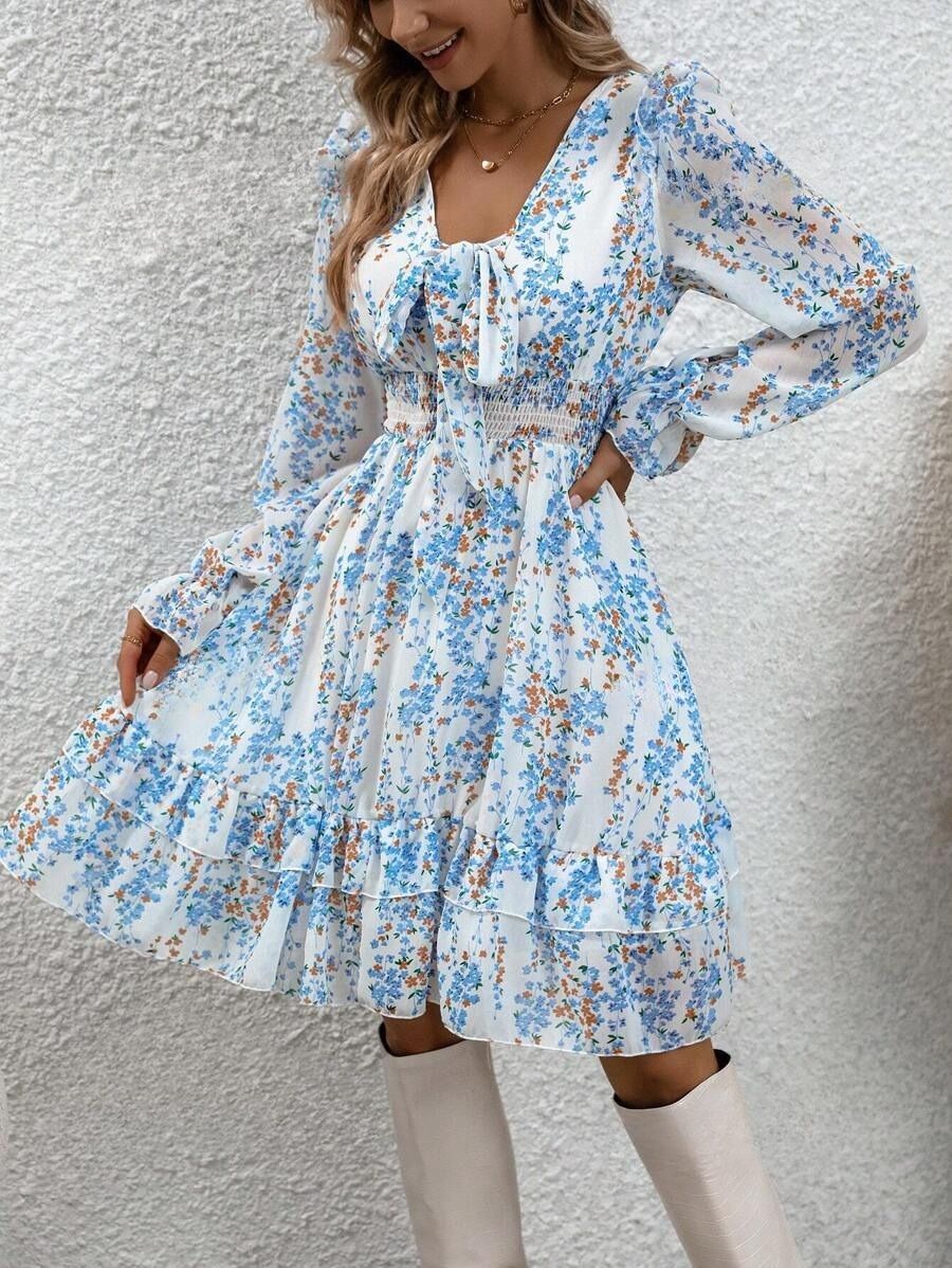 14kj Rochie Scurta Baldvin Alba Cu Model Floral Albastru - imagine 1