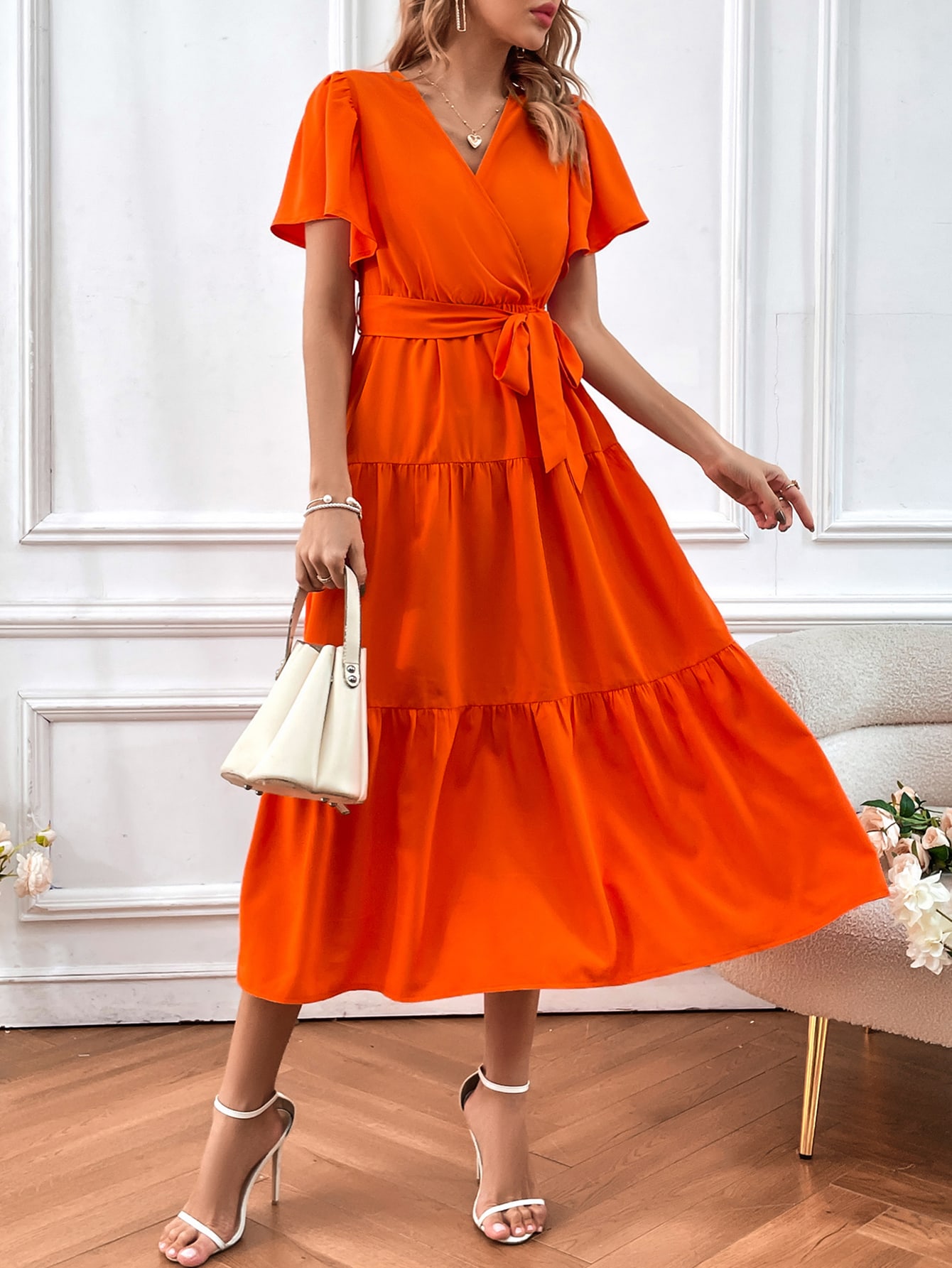 15 Rochie Lunga Karinda Portocalie Cu Cordon - imagine 1