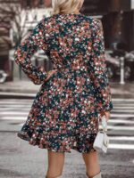 Rochie Scurta Flip Verde Inchis Inflorata Cu Cordon - imagine 2
