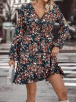 Rochie Scurta Flip Verde Inchis Inflorata Cu Cordon