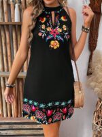 Rochie Scurta Claudy Neagra Cu Model Floral Multicolor