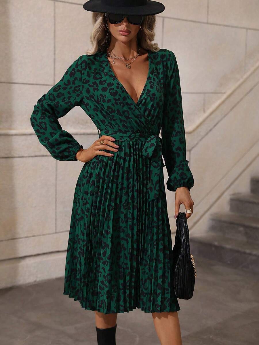 163 Rochie Midi Agota Verde Cu Model Leopard Negru - imagine 1