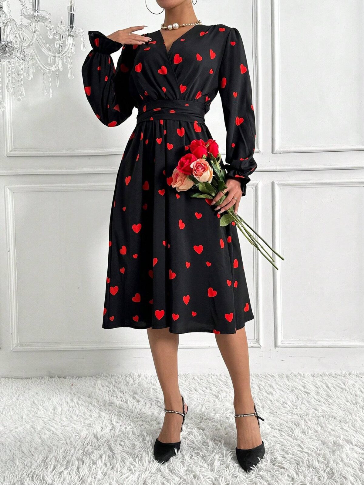 Rochie Midi Aniela Neagra Cu Inimioare Rosii - imagine 1