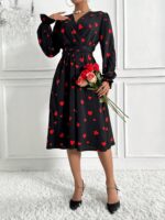 Rochie Midi Aniela Neagra Cu Inimioare Rosii