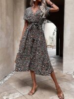 Rochie Midi Mimi Gri Cu Imprimeu Multicolor Si Cordon