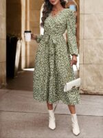 Rochie Midi Helena Verde Cu Imprimeu Alb Si Cordon - imagine 3