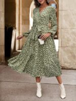 Rochie Midi Helena Verde Cu Imprimeu Alb Si Cordon - imagine 4