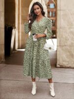 Rochie Midi Helena Verde Cu Imprimeu Alb Si Cordon - imagine 5