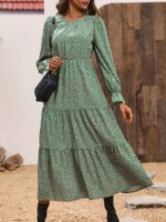 Rochie Lunga Lipon Verde Cu Model Floral Multicolor - imagine 3