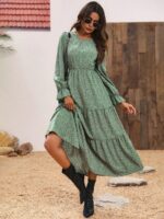 Rochie Lunga Lipon Verde Cu Model Floral Multicolor - imagine 4