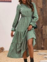 Rochie Lunga Lipon Verde Cu Model Floral Multicolor - imagine 5