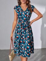 Rochie Scurta Bresia Albastra Cu Imprimeu Multicolor Si Cordon