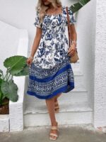 Rochie Midi Midori Alba cu Flori Albastre - imagine 4