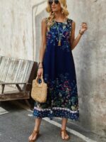 Rochie Lunga Vanesa Bleumarin Cu Model Floral Multicolor - imagine 3