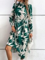 Rochie Midi Irelia Verde Cu Imprimeu Alb Si Cordon - imagine 3