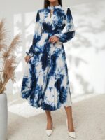 Rochie Midi Abida Alba Cu Imprimeu Albastru Si Pliuri