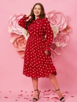 Rochie Midi Silvane Rosie Cu Inimioare Albe Si Funda - Marimi Mari