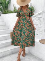 Rochie Lunga Sanfrida Verde Cu Model Floral Portocaliu