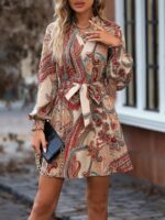 Rochie Scurta Simiria Bej cu Print Multicolor - imagine 3