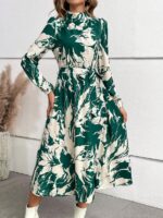 Rochie Midi Irelia Verde Cu Imprimeu Alb Si Cordon - imagine 4