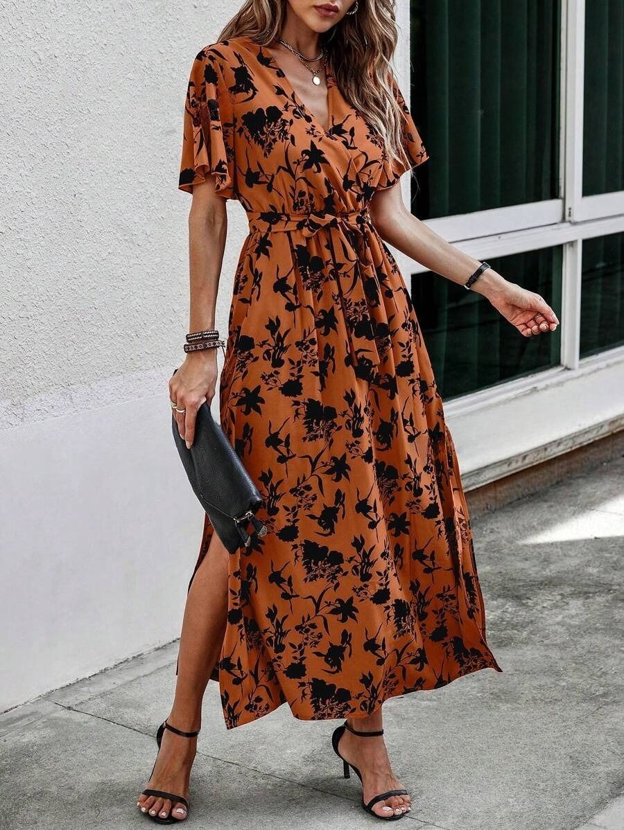 23jh Rochie Lunga Emilia Maro Cu Model Floral Negru Si Cordon - imagine 1