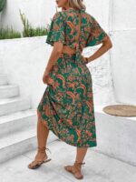 Rochie Lunga Sanfrida Verde Cu Model Floral Portocaliu - imagine 2