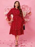 Rochie Midi Silvane Rosie Cu Inimioare Albe Si Funda - Marimi Mari - imagine 3