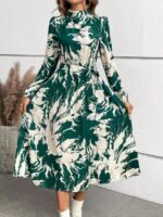 Rochie Midi Irelia Verde Cu Imprimeu Alb Si Cordon