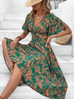 Rochie Lunga Sanfrida Verde Cu Model Floral Portocaliu - imagine 3