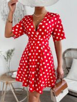 Rochie Scurta Aurora Rosie cu Buline Albe