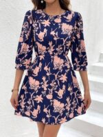 Rochie Scurta Dagora Albastra cu Flori Roz - imagine 3
