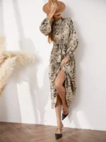 Rochie Lunga Maldona Crem Cu Imprimeu Negru Si Pliuri - imagine 3
