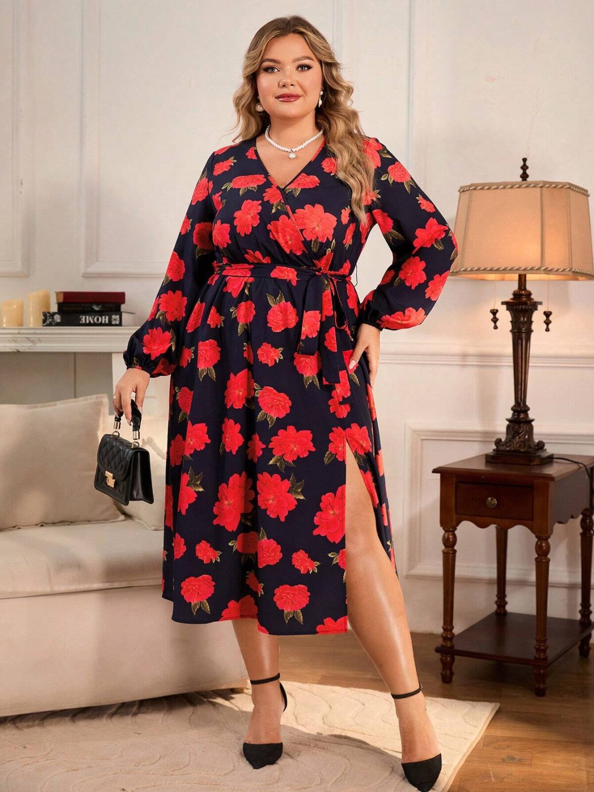 Rochie Midi Kendell Neagra Cu Model Floral Rosu - Marimi Mari - imagine 1
