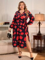 Rochie Midi Kendell Neagra Cu Model Floral Rosu - Marimi Mari