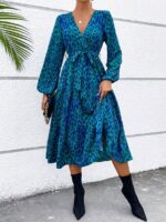 Rochie Midi Almanda Albastra cu Print Leopard