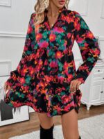 Rochie Scurta Irenne Neagra Cu Model Floral Multicolor - imagine 4